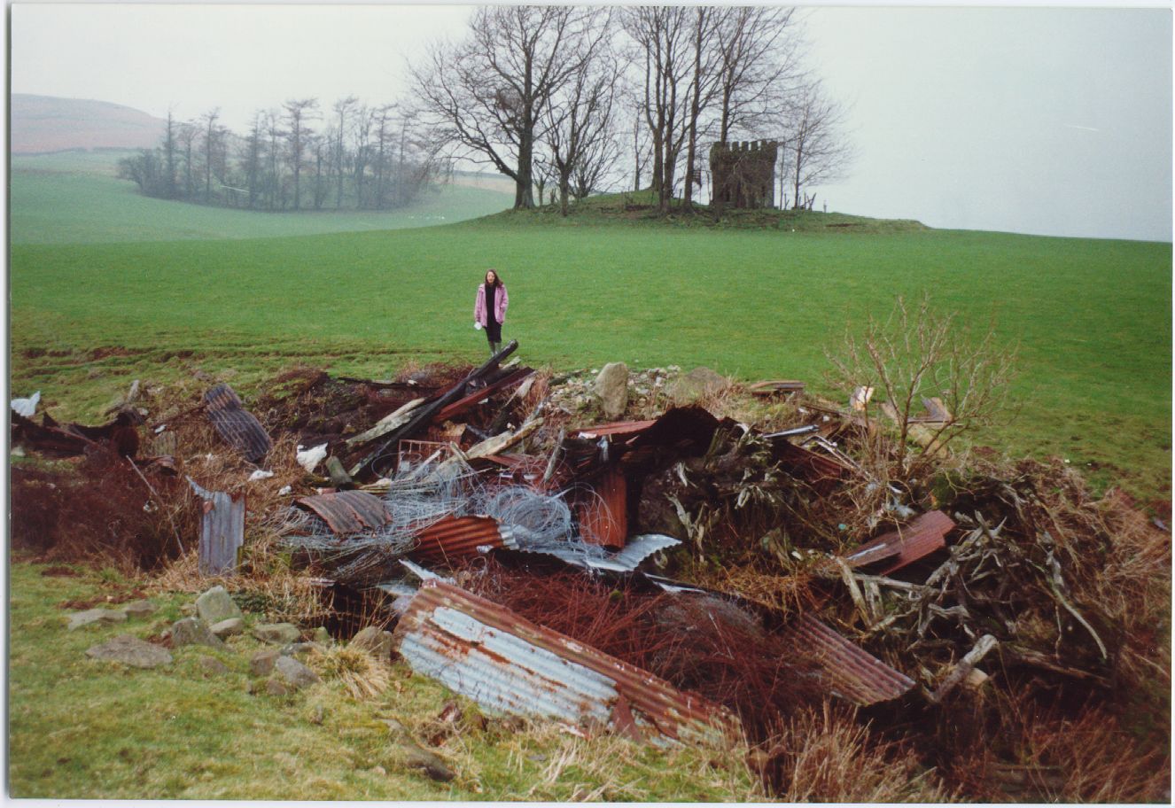 Tynron’s finest pile of rubbish.  Stenhouse Folly in the background.  Rebecca Shaw providing scale.