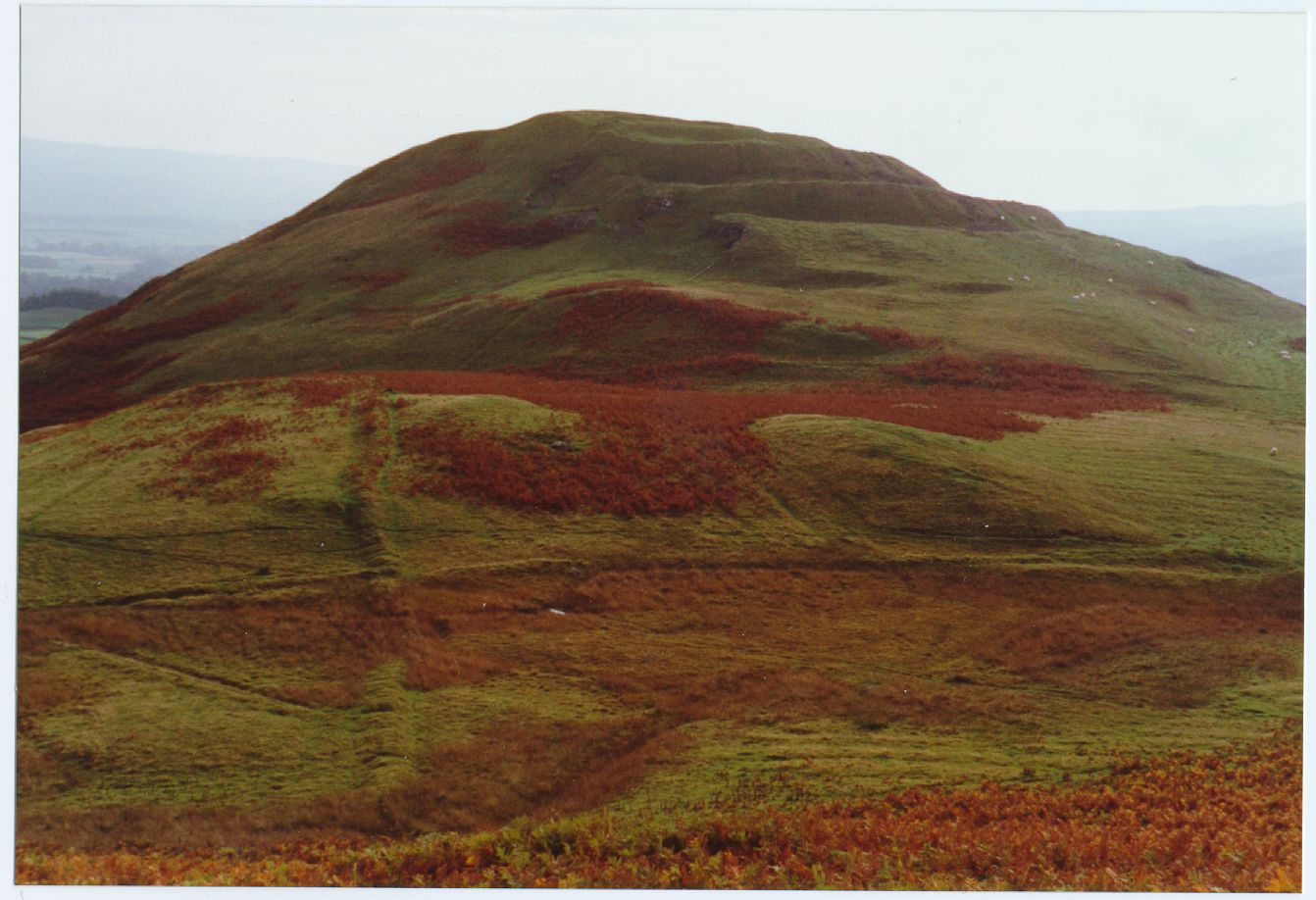 Tynron Doon from the north-west, showing the 2 ramparts and three ditches. In the left foreground two sod dykes cross at right angles